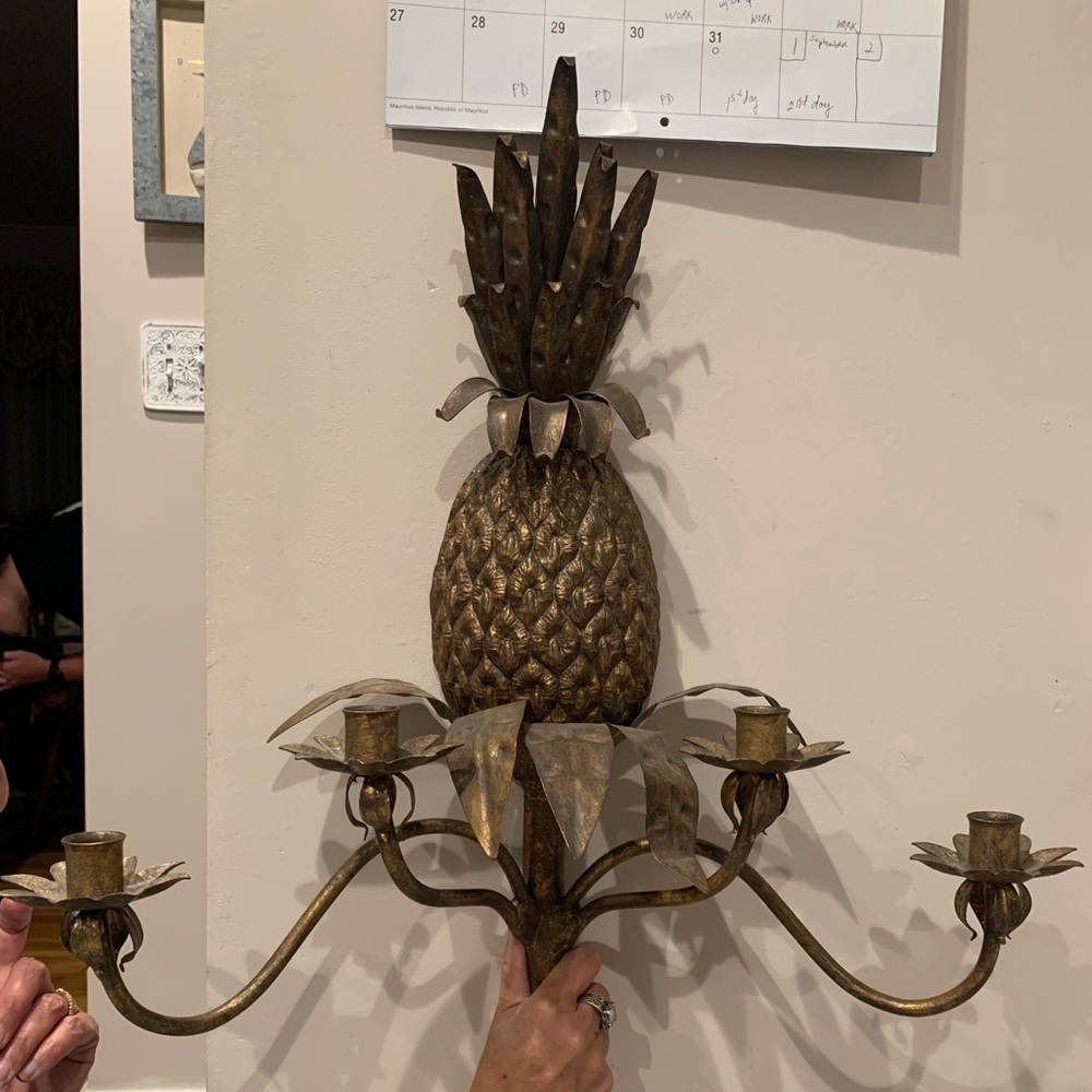Vintage Large Italian Gold Gilt Iron 4 Arm Pineapple Wall Sconce candle holder